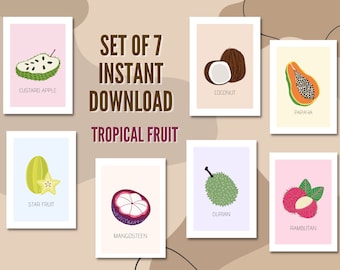 Set of 7 Tropical Fruit Wall Art Print, Bali Art, Pastel Kitchen Gallery, Indonesian Home Decor, Neutral Travel Printable, Housewarming gift