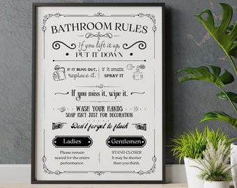 Bathroom rules, toilet rules, loo sign, retro bathroom decor, fun art, printable wall art, digital download, wall prints, funny prints