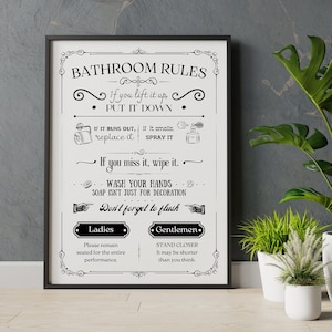 Bathroom rules, toilet rules, loo sign, retro bathroom decor, fun art, printable wall art, digital download, wall prints, funny prints