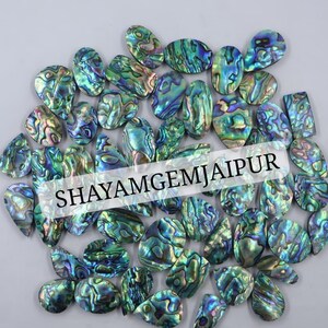 May include: A collection of polished abalone shell cabochons featuring iridescent swirls of blue, green, and purple. The stones are arranged in a cluster, and a white rectangular overlay displays the black text SHAYAMGEMJAIPUR across the center.