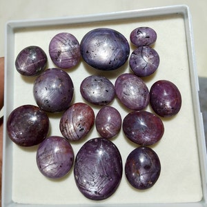 May include: A collection of 14 purple star ruby cabochons in a white box. The stones are various sizes and shapes, with a star-like pattern visible on their surfaces.