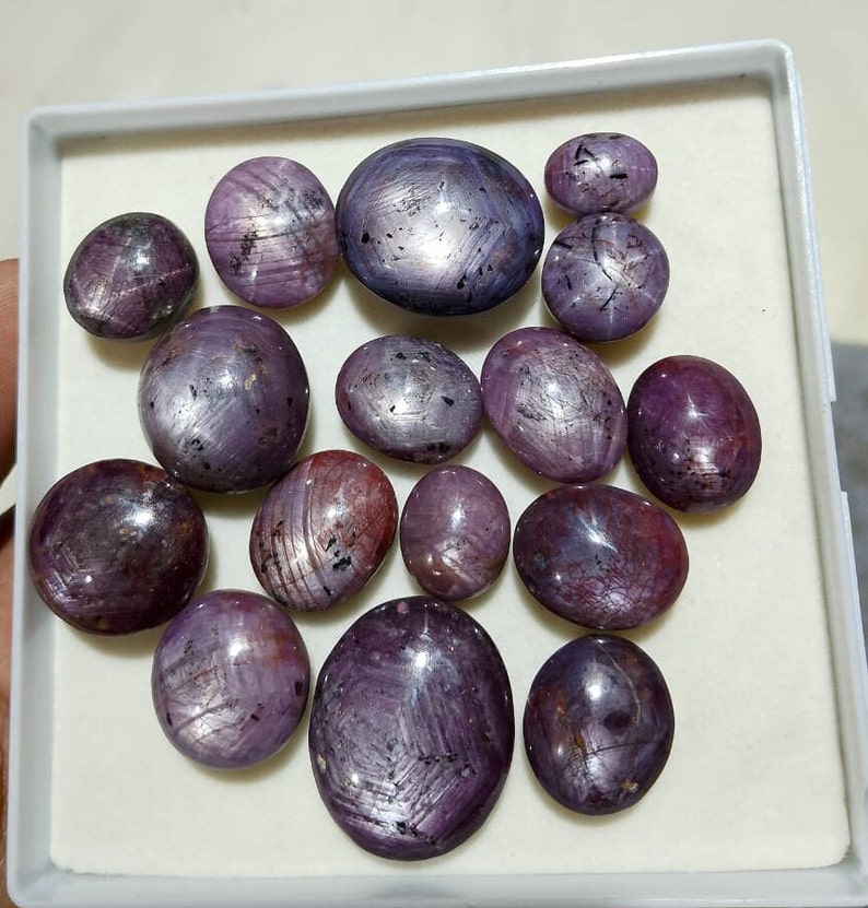Puede incluir: Una colecci&oacute;n de 14 cabujones de rub&iacute; estrella p&uacute;rpura en una caja blanca. Las piedras son de varios tama&ntilde;os y formas, con un patr&oacute;n de estrella visible en sus superficies.