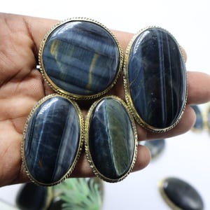 Wholesale Blue Tiger eye Brass Groove Gemstone Lot Tiger eye Macrame Cabochon Lot, Natural Tiger eye Crystal Stone Grooved Pendant Tiger Lot