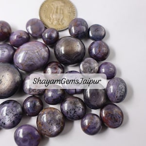 May include: A selection of polished, round gemstones in shades of purple and grey, with a metallic sheen. The gemstones vary in size and shape, scattered on a white surface. A coin is visible in the background. The text "ShayamGemsJaipur" is displayed.