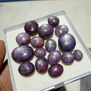 Puede incluir: Una colecci&oacute;n de 15 piedras preciosas de rub&iacute; estrella p&uacute;rpura en una caja blanca. Las piedras preciosas son de forma ovalada y redonda y tienen un patr&oacute;n de estrella.