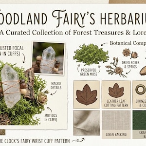 May include: A Woodland Fairy's Herbarium informational graphic featuring a quartz cluster focal point, preserved green moss, dried roses, vine accents, wood slices, leather leaf patterns, bronze eyelets, cording, and various fabric swatches.