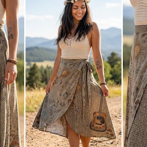 May include: A sage green wrap skirt featuring a printed pattern of acoustic guitars, suns, mushrooms, and text. The skirt has a high-waisted design with a side tie closure, falling to a midi length with an overlapping front panel and a flared silhouette.