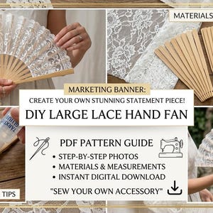 Puede incluir: Una guía de proyecto DIY para un abanico grande de encaje blanco con varillas de madera, que incluye pegamento, tijeras y una cinta métrica. El texto dice: MARKETING BANNER: CREATE YOUR OWN STUNNING STATEMENT PIECE! DIY LARGE LACE HAND FAN.