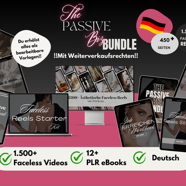 Faceless Business MEGA PLR Bundle 1,500+ Faceless Reels 12+ eBooks Passive Income online business earn money German