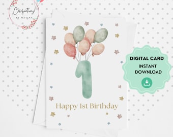 First Birthday Card Printable, Watercolor Balloons (Digital Download)