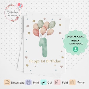 Tarjeta de 1er cumpleaños imprimible, Tarjeta digital de primer cumpleaños, Para el 1er cumpleaños de una niña o un niño. Tarjeta de feliz primer cumpleaños.