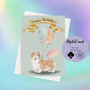 Cartão de aniversário Corgi – Cartão de aniversário digital. 5 x 7 polegadas, cartão dobrável. Cartão de aniversário em aquarela.
