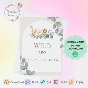 Tarjeta de 1er cumpleaños imprimible, Tarjeta digital de primer cumpleaños, Para el 1er cumpleaños de una niña o un niño. Linda tarjeta de cumpleaños de animales salvajes