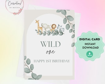 Wild Animals 1st Birthday Card, Printable Baby Birthday (Digital Download)