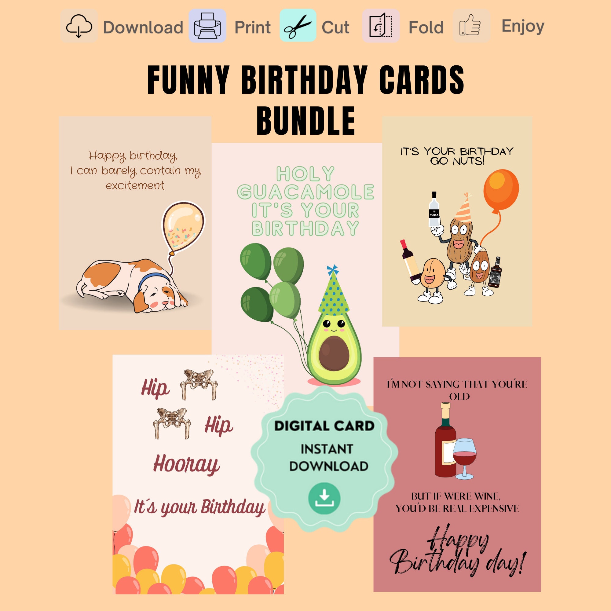 Humorous Cards Funny Birthday Card Bundle, Humorous Designs (digital Download) - Etsy
