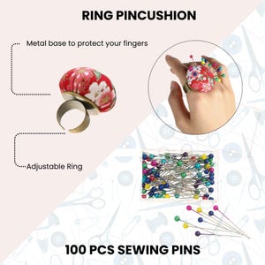 Pu&ograve; includere: Un cuscino portaspilli ad anello floreale rosso, con anello regolabile e base in metallo. L'immagine mostra anche una mano che indossa il cuscino portaspilli e una scatola di 100 spilli da cucito con teste colorate. Il testo recita "RING PINCUSHION" e "100 PCS SEWING PINS."