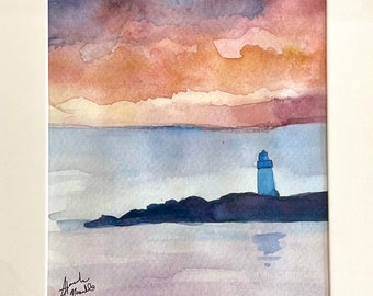 Original Watercolor Painting Beach Sunset Lighthouse Oceanscape