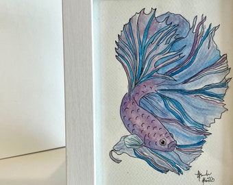 Original Watercolor Painting Beta Fish Art Tattoo Art