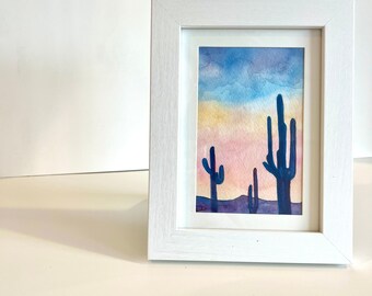 Original Watercolor Painting Desert Cactus Sunset Arizona