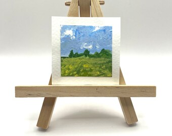 Original Mini Gemälde, Feld, Baum, Blumen, Wolken, Acryl Landschaft, Mini Small Tiny Art