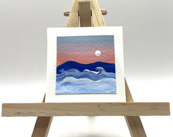 Original Mini Painting, Mountain Sunset Fog, Clouds, Acrylic Landscape, Mini Small Tiny Art