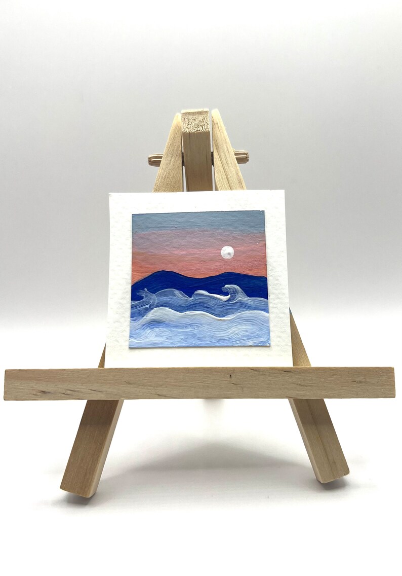 Original Mini Gemälde, Berg Sonnenuntergang Nebel, Wolken, Acryl Landschaft, Mini Small Tiny Art Bild 1