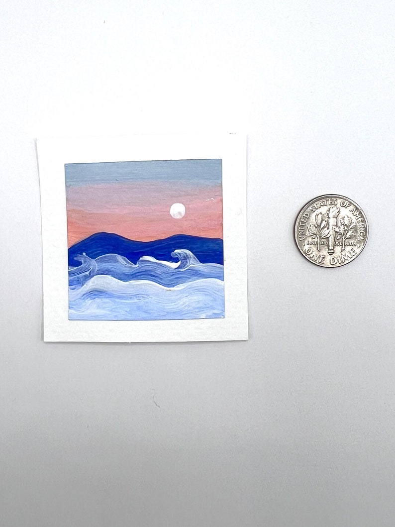 Original Mini Gemälde, Berg Sonnenuntergang Nebel, Wolken, Acryl Landschaft, Mini Small Tiny Art Bild 2