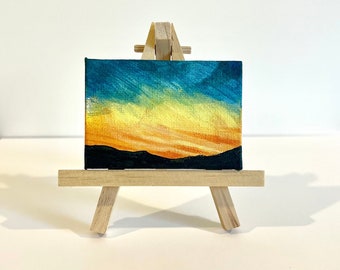 Mini Painting, Tiny Canvas, Mini Art, Original Acrylic Painting, Mountain Sunset