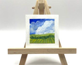 Mini Painting, Tiny Art, Acrylic Landscape w/ Easel, Original Painting