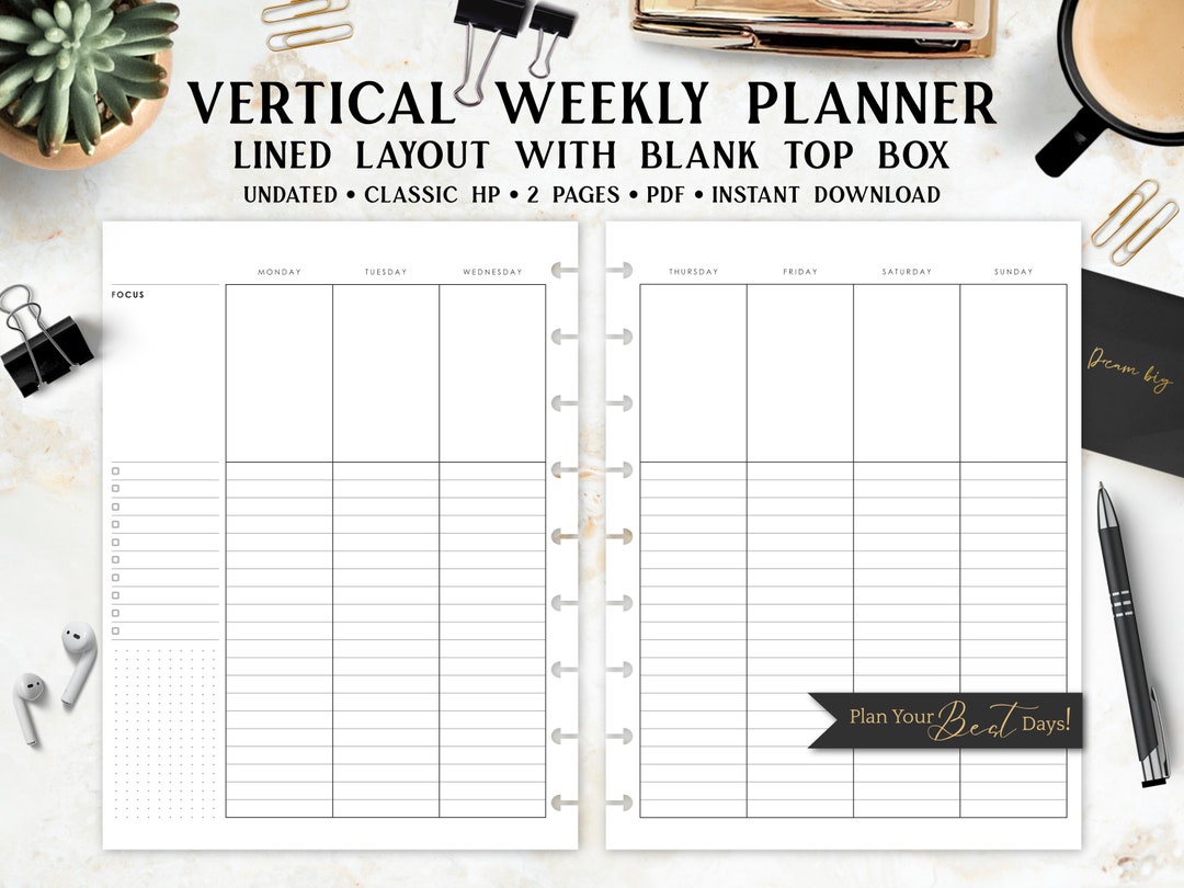 Undated Weekly Planner Printable, Vertical Lined Layout With Top Box, 7 ...