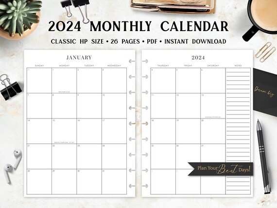 2024 Monthly Printable Calendar With Holidays for Planner, Minimalist  Design, 2 Page Spread, Classic HP 7x9.25 Size instant Download - Etsy