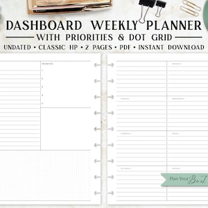 Undated Weekly Planner Printable, Dashboard Layout with Dot Grid, 7"x 9.25" HP Classic Size, Minimal Design, 2 Page Spread (Download)