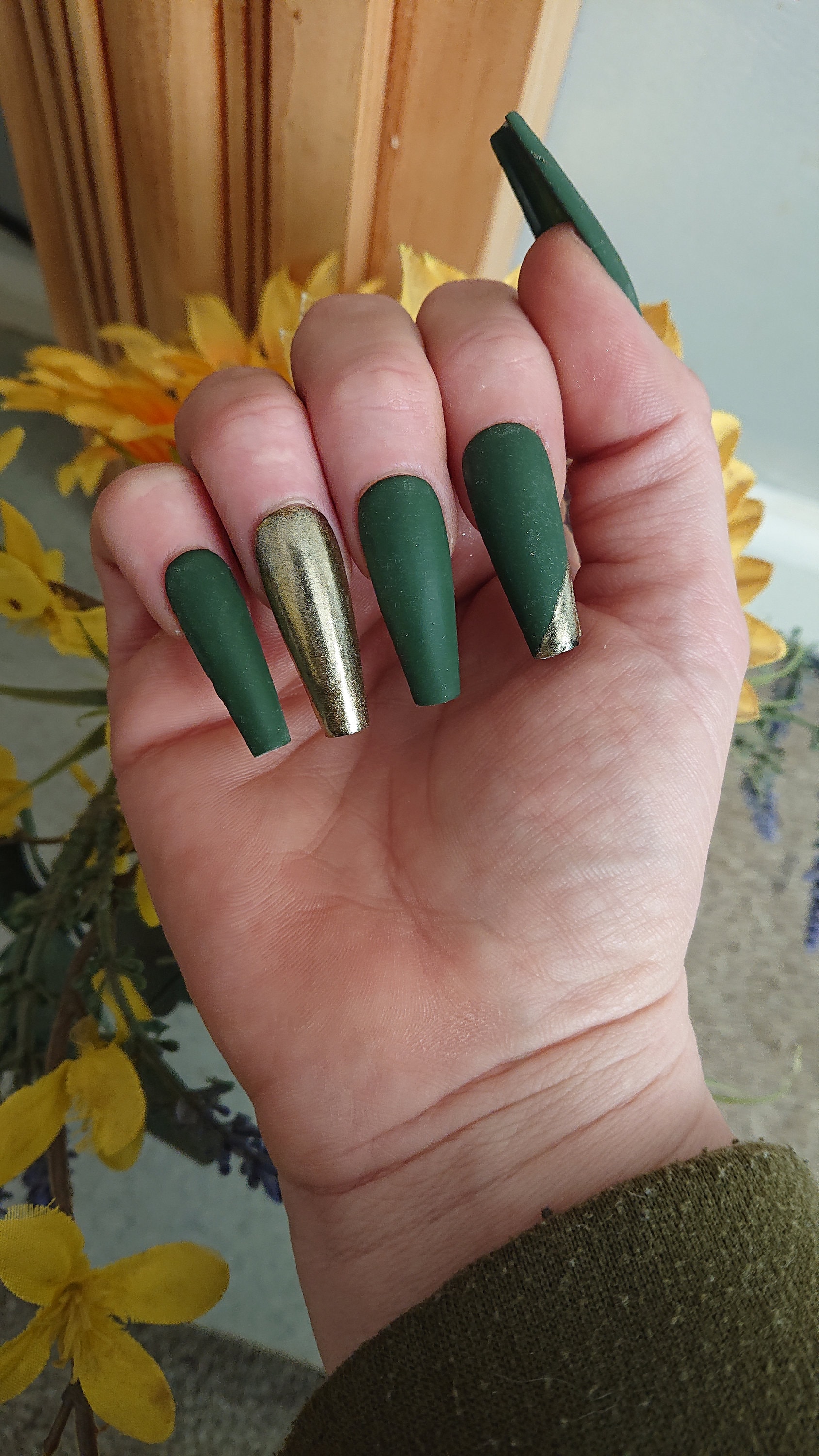Dark Forest Green Nails-matte Green-gold Nail Art-gold Flakes-long  Ballerina Nails 