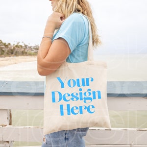 12x12 in - Tote Bag - Flat Lay - Mock Up- Digital Image- Pier - Beach - Wood- Lifestyle mockup