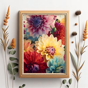 Vintage Pastel Floral Wall Art Dahlia Flowers Antique Printable Art of Botanical Flower Print Mid Century Boho Home Decor Digital Print