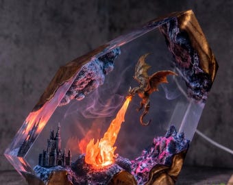 Fire Dragon Resin Lamp, Dragon Breathing Fire Night Light, Medieval Castle Fantasy Decor, Dragon Lover Gift, Halloween gift for him