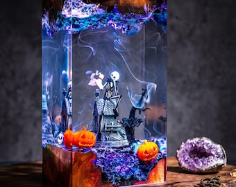 Jack and Ghost Dog Resin Lamp, The Nightmare Before Christmas,  Spooky Handmade Decor,  Pumpkin Epoxy Light Jack Skellington lamp