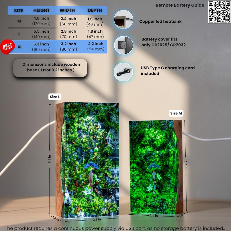 May include: Two rectangular wooden lamps with illuminated green forest scenes featuring a sword. A chart displays dimensions in inches for sizes M, L, and XL. Includes a remote battery guide, copper LED heatsink, and a USB Type C charging cord.