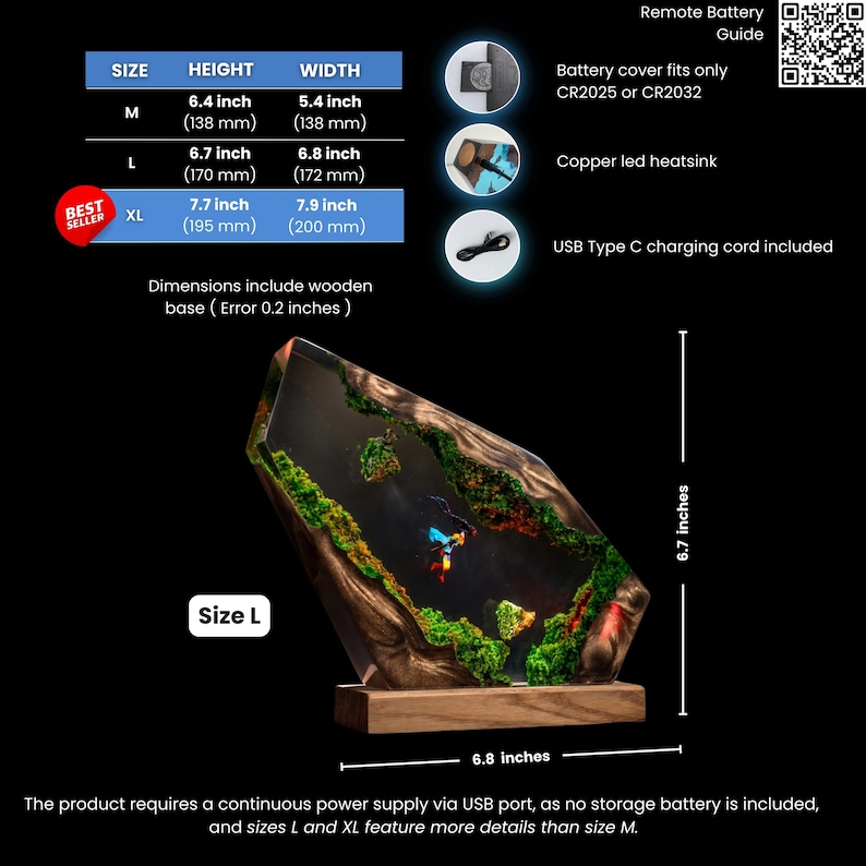 May include: A decorative resin and wood lamp featuring a miniature landscape with green moss and a central figure, mounted on a rectangular wooden base. Size L measures 6.7 inches in height and 6.8 inches in width. Includes a USB Type C charging cord.