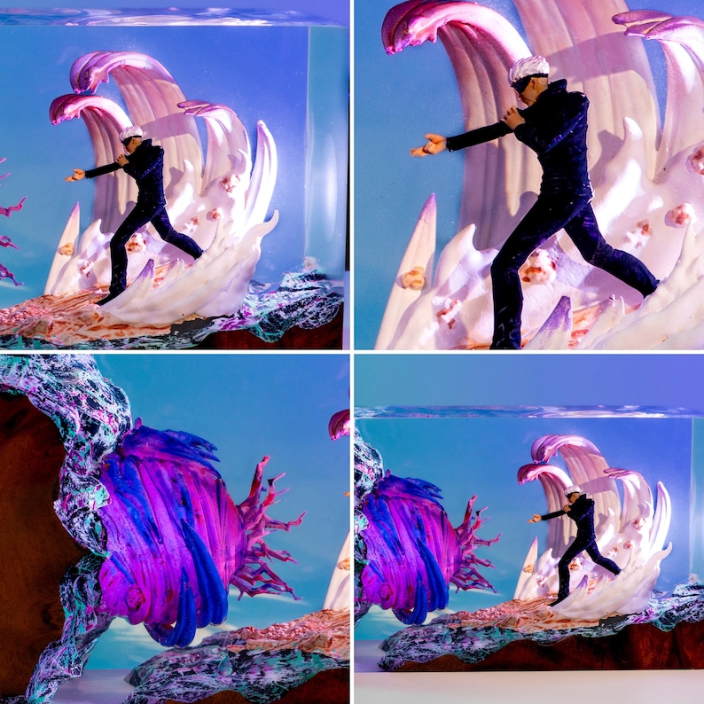 May include: A composite image featuring a figure in a black suit and white blindfold, posed in front of a stylized wave. The wave is white with pink and purple accents, set against a blue background. The scene is enclosed in a clear, rectangular container.