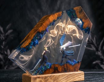 FINAL FANTASY VII 神羅カンパニー アートウォールミラー Custom Sephiroth and Cloud Resin Night Light, Epoxy Wood Night