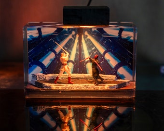 Obi.wan et Darth M.aul Diorama lampe en résine, veilleuse époxy S.tar W.ars, lampe en résine personnalisée, lampe en bois de résine, cadeau pour lui, sabre laser