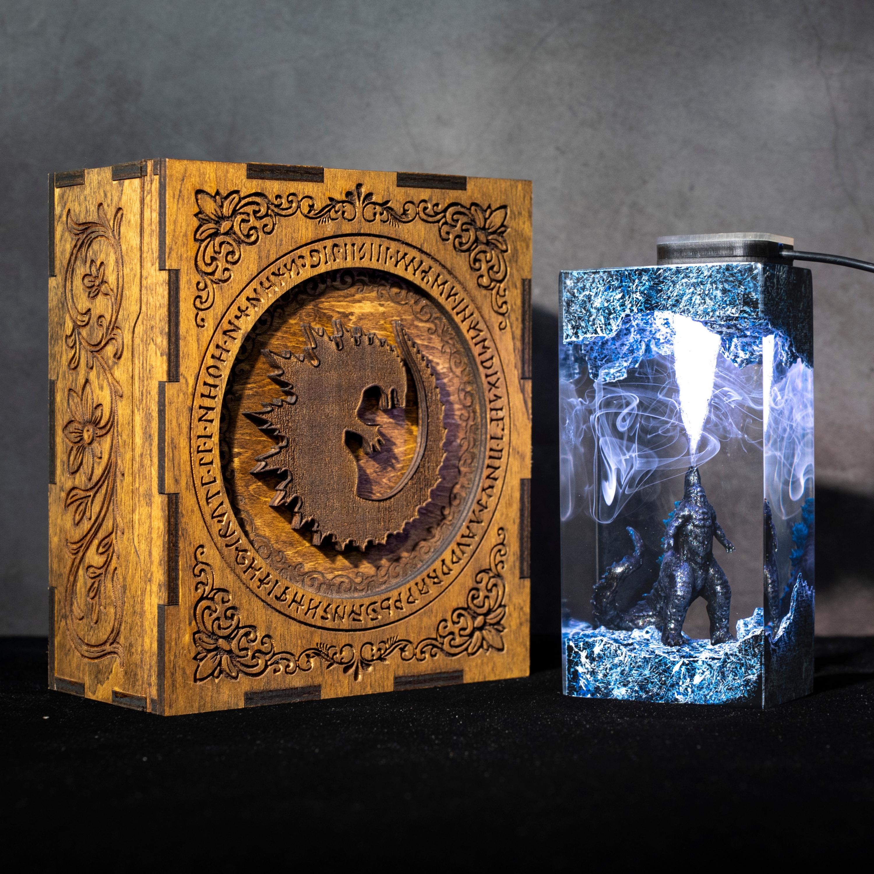 il_fullxfull.7465834889_l1t9 Handmade Beast Diorama Lamp – Epoxy Resin Night Light, godzilla resin lamp, godzilla gift wooden box