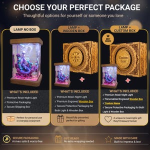 May include: A rectangular resin night light featuring a purple Mewtwo figure on a pink and purple base. Three package options are shown: the light alone, the light with a wooden box featuring a circular runic design, and the light with a custom box.