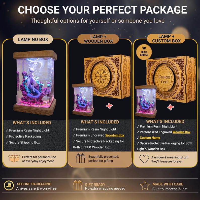 May include: A rectangular resin night light featuring a purple Mewtwo figure on a pink and purple base. Three package options are shown: the light alone, the light with a wooden box featuring a circular runic design, and the light with a custom box.