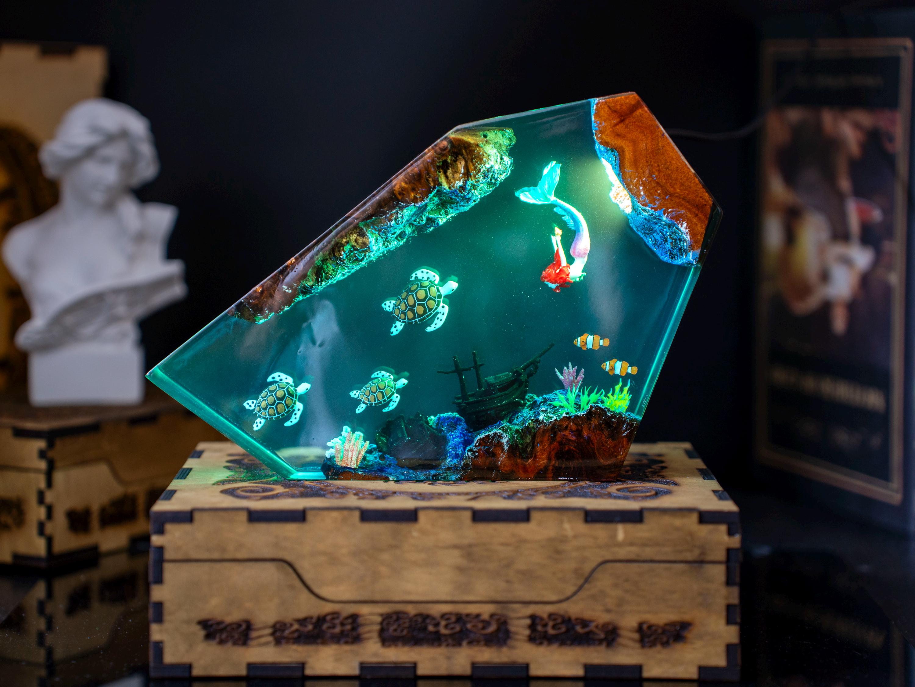 Turtle and Mermaid Resin night lights-  home decor, resin night light, desk lamp, gift for home, christmas gift