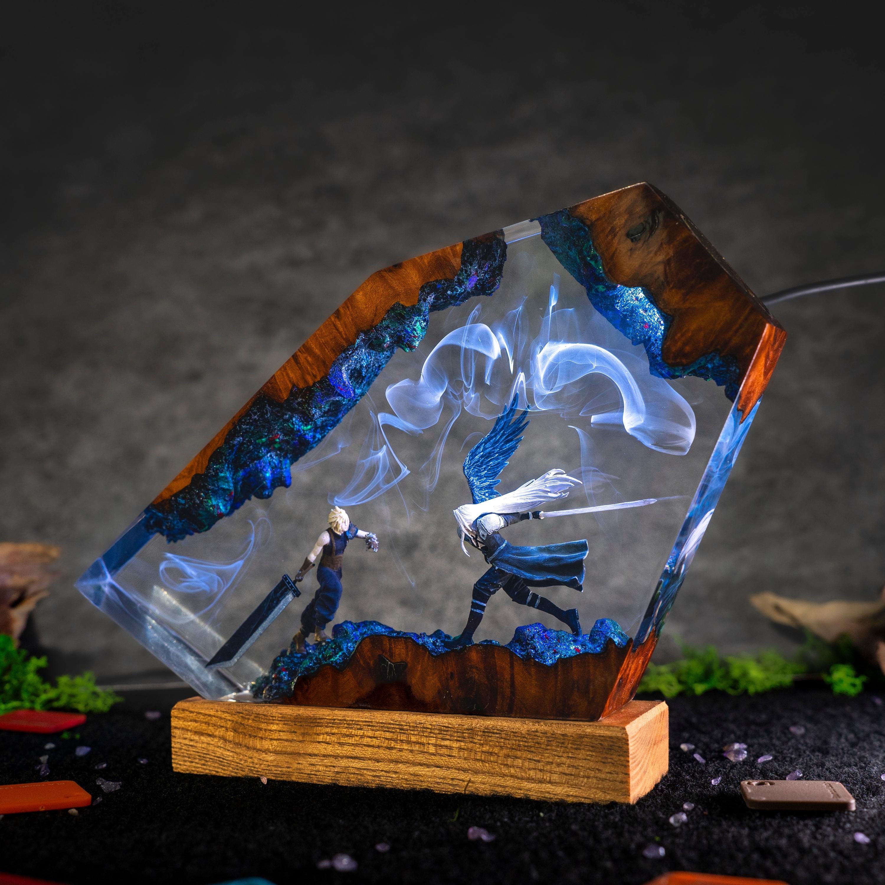 Custom Sephiroth and Cloud Resin Night Light, Epoxy Wood Night Lamp,  FF7 Collector Gift, father's day gift ideas