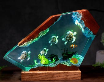 Sea Turtle Resin Lamp, Ocean Night Light, Turtle Family Coral Reef Decor, Marine Life Lamp, Sea Turtle Lover Gift, christmas gift for kids