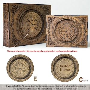 May include: Two rectangular wooden boxes with dark brown finishes, featuring laser-engraved circular designs on the lids. The designs include a central Vegvisir symbol surrounded by runic text. Two circular lid options are shown: one with the Vegvisir symbol and one with the text Custom Name.
