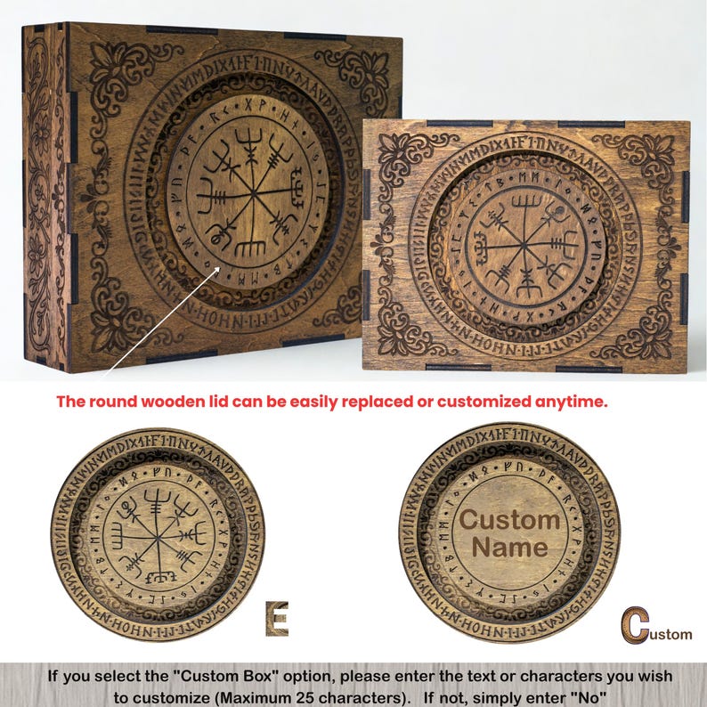 May include: Two rectangular wooden boxes with dark brown finishes, featuring laser-engraved circular designs on the lids. The designs include a central Vegvisir symbol surrounded by runic text. Two circular lid options are shown: one with the Vegvisir symbol and one with the text Custom Name.